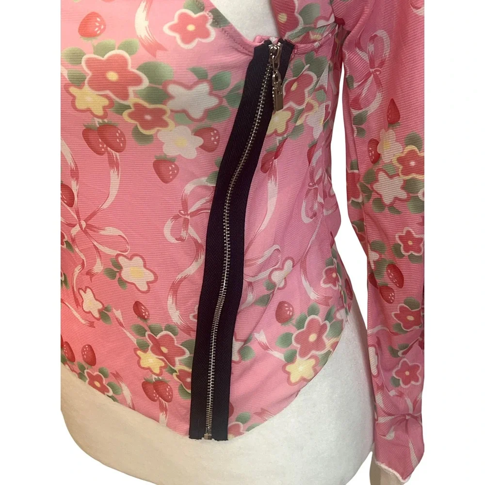m.ARCHIVE Marchen Pink Strawberry‎ Floral Mesh Zipper Cutout Top M